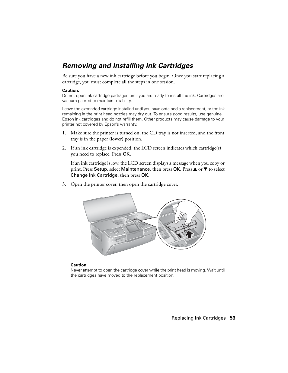 Removing and installing ink cartridges | Epson R380 User Manual | Page 53 / 72