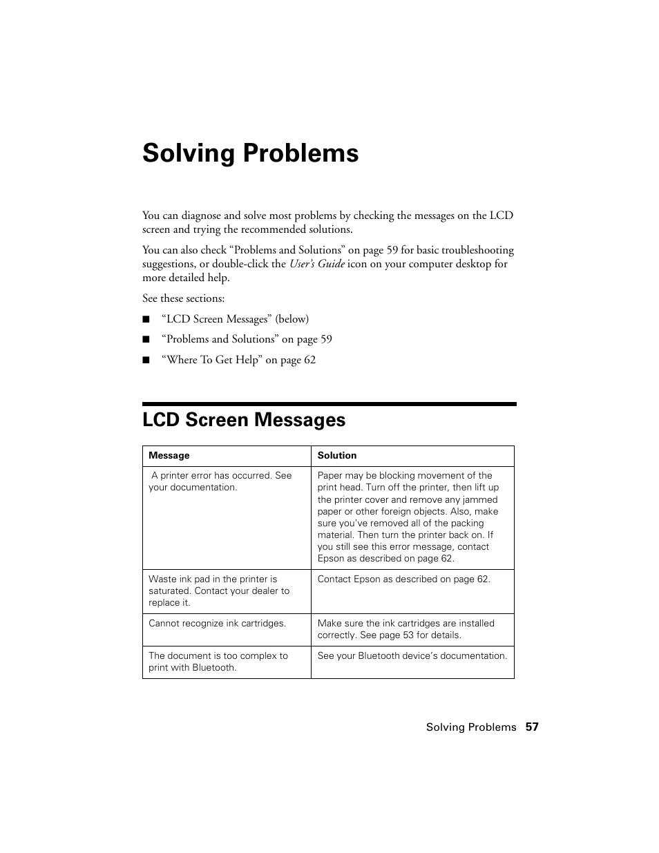 Solving problems, Lcd screen messages | Epson R380 User Manual | Page 57 / 72