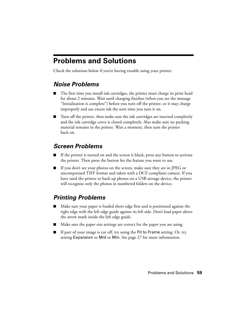 Problems and solutions, Noise problems, Screen problems | Printing problems | Epson R380 User Manual | Page 59 / 72