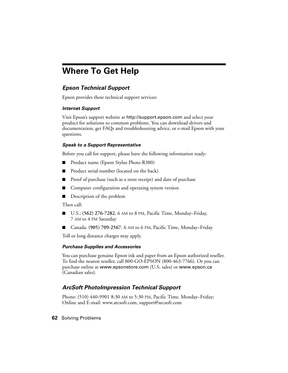 Where to get help | Epson R380 User Manual | Page 62 / 72