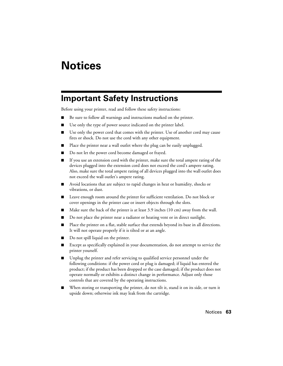 Notices, Important safety instructions | Epson R380 User Manual | Page 63 / 72