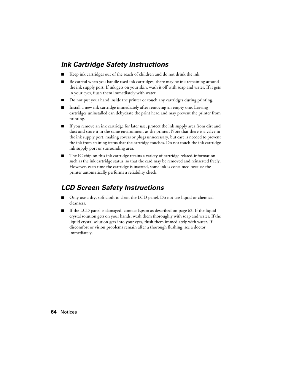 Ink cartridge safety instructions, Lcd screen safety instructions | Epson R380 User Manual | Page 64 / 72