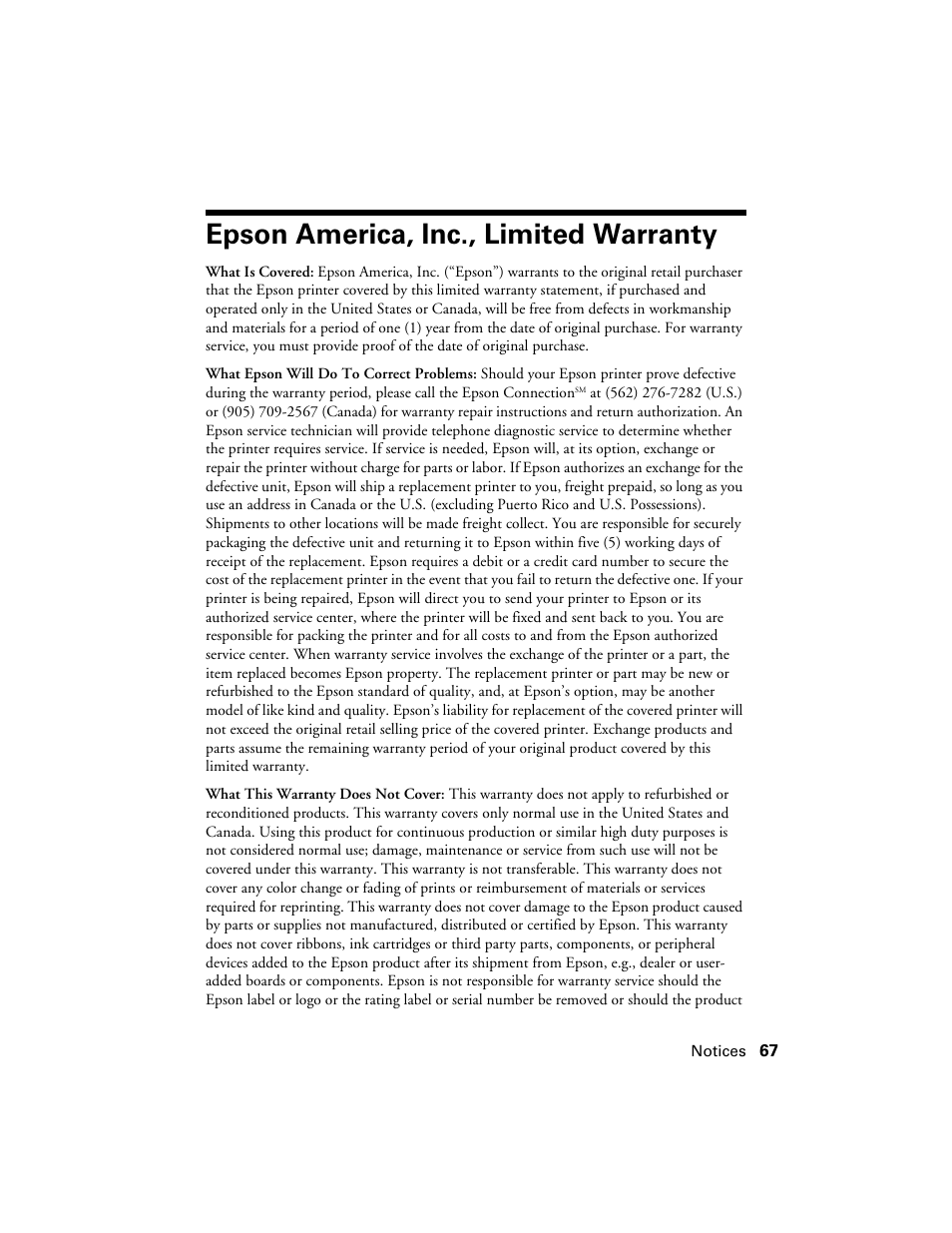 Epson america, inc., limited warranty, Warranty | Epson R380 User Manual | Page 67 / 72