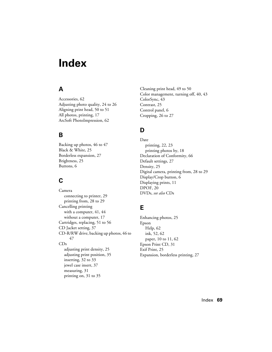 Index | Epson R380 User Manual | Page 69 / 72