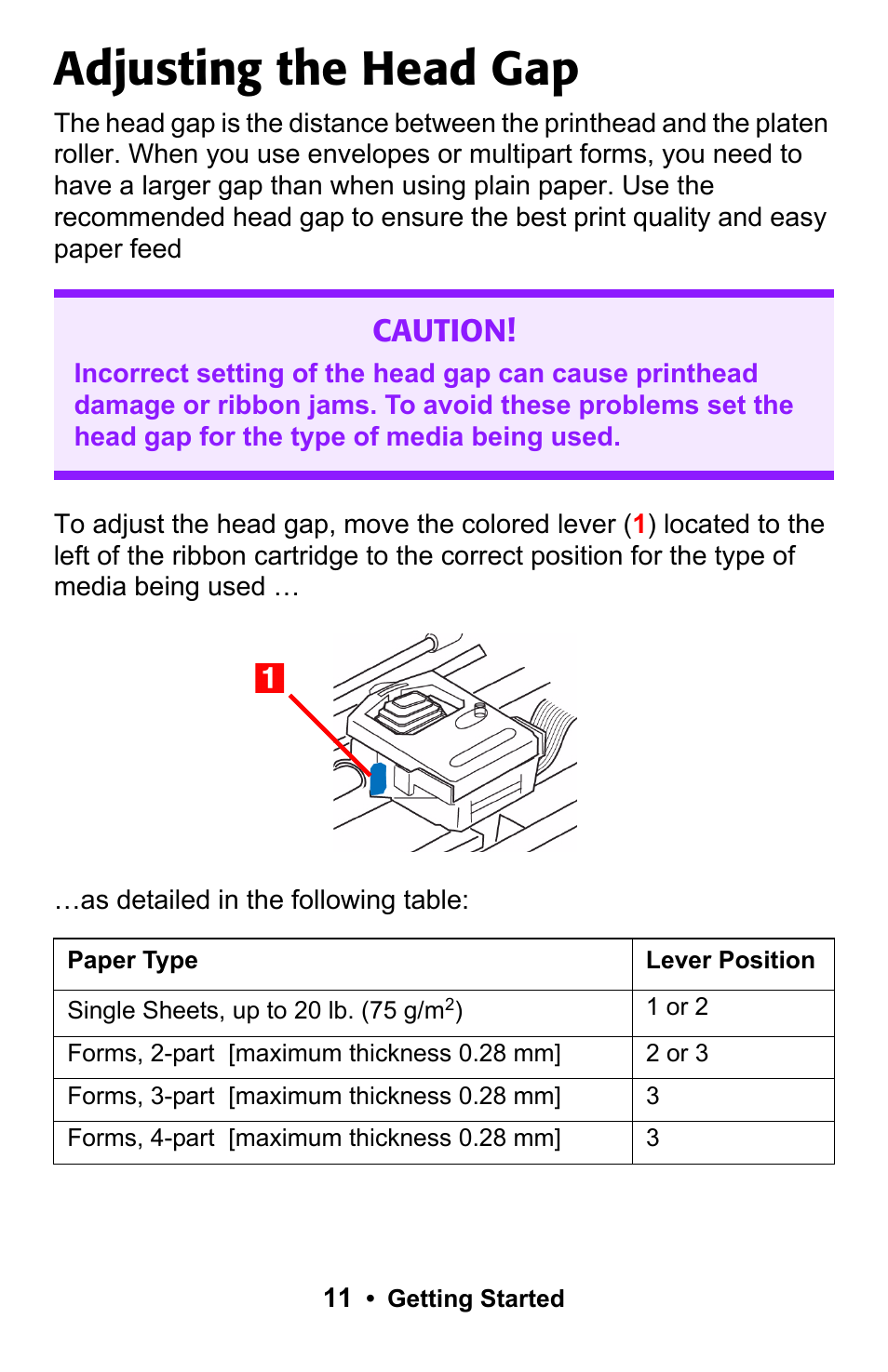 Adjusting the head gap, Caution | Epson 188 User Manual | Page 11 / 86