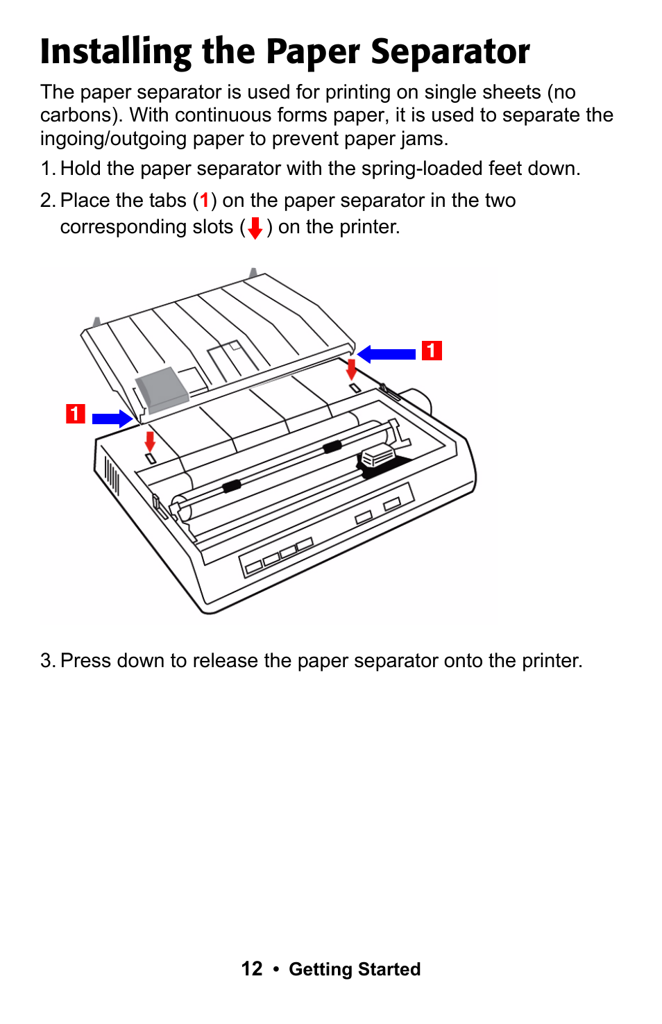 Installing the paper separator | Epson 188 User Manual | Page 12 / 86
