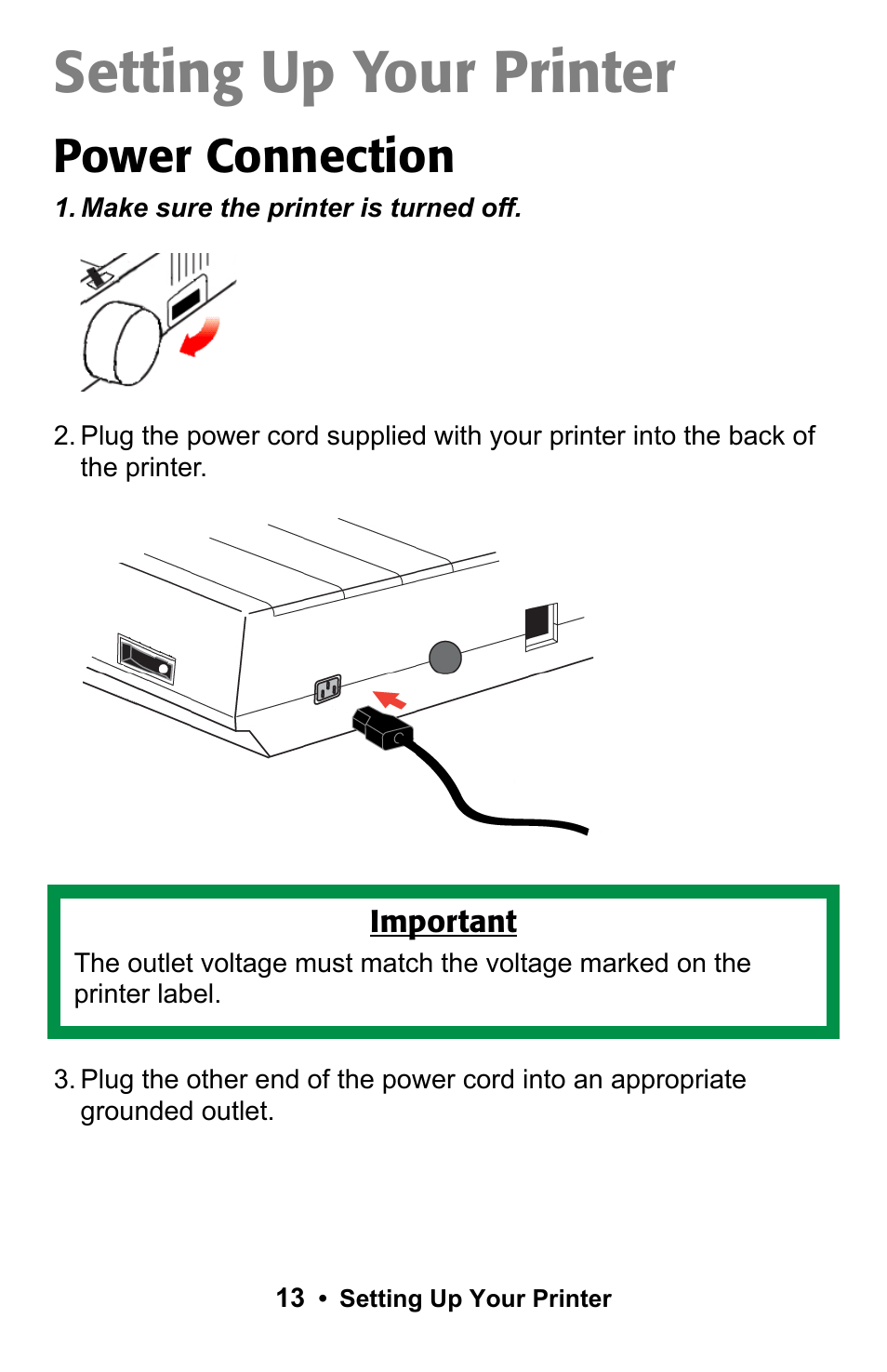 Setting up your printer, Power connection | Epson 188 User Manual | Page 13 / 86