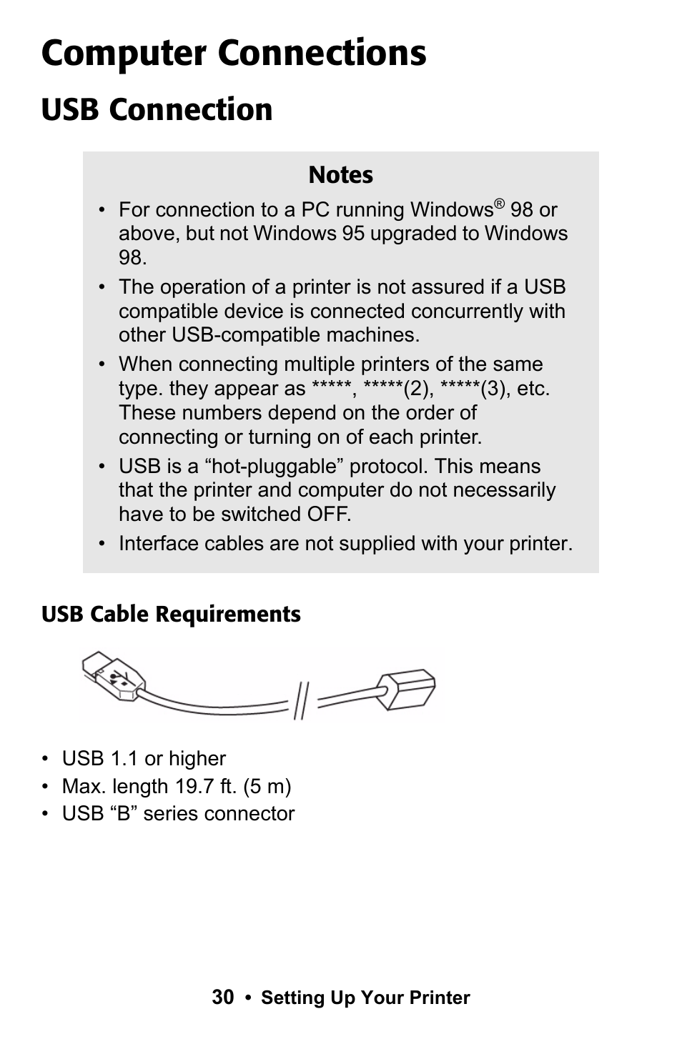 Computer connections, Usb connection | Epson 188 User Manual | Page 30 / 86