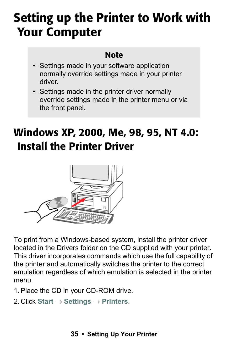 Setting up the printer to work with your computer, Setting up the printer to work with | Epson 188 User Manual | Page 35 / 86