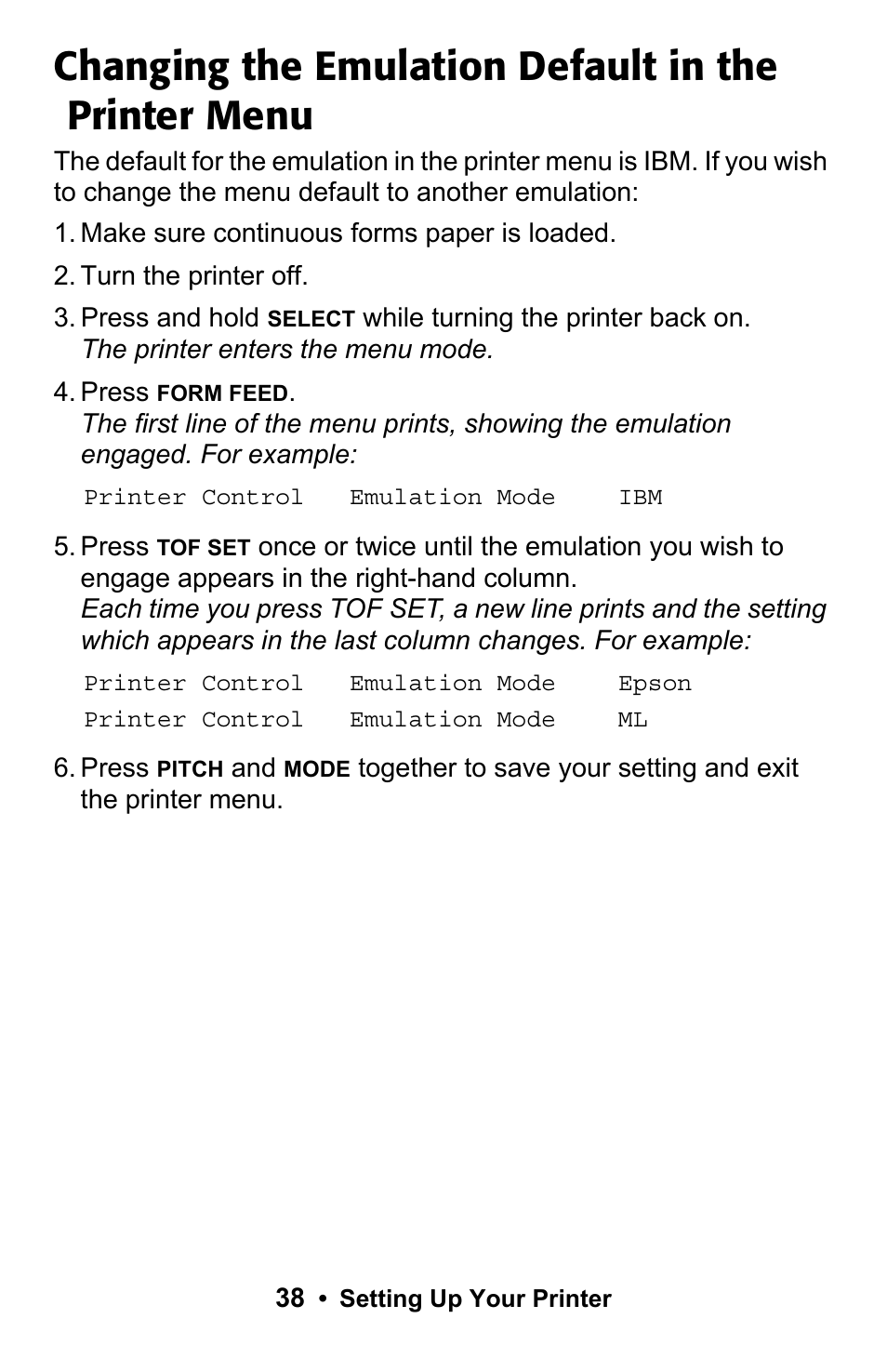 Changing the emulation default in the printer menu | Epson 188 User Manual | Page 38 / 86