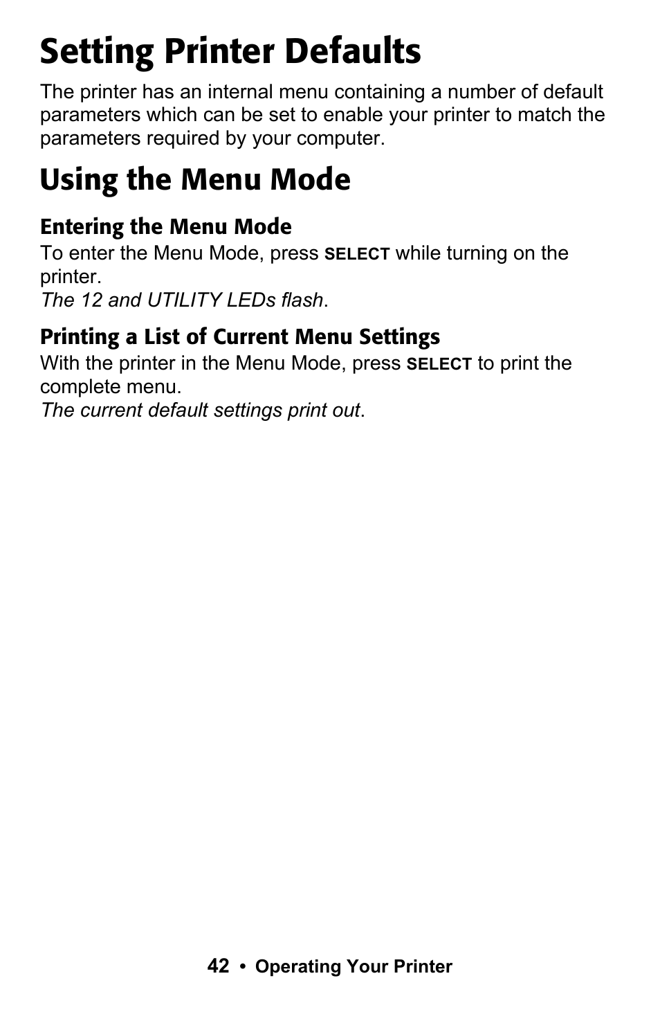 Setting printer defaults, Using the menu mode | Epson 188 User Manual | Page 42 / 86