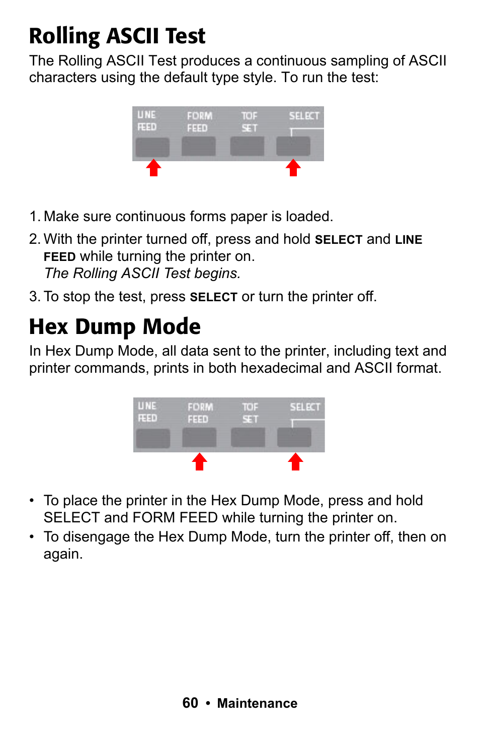 Rolling ascii test, Hex dump mode | Epson 188 User Manual | Page 60 / 86