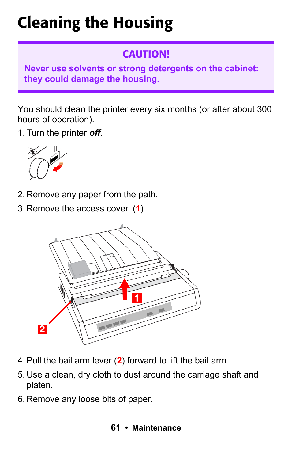 Cleaning the housing | Epson 188 User Manual | Page 61 / 86