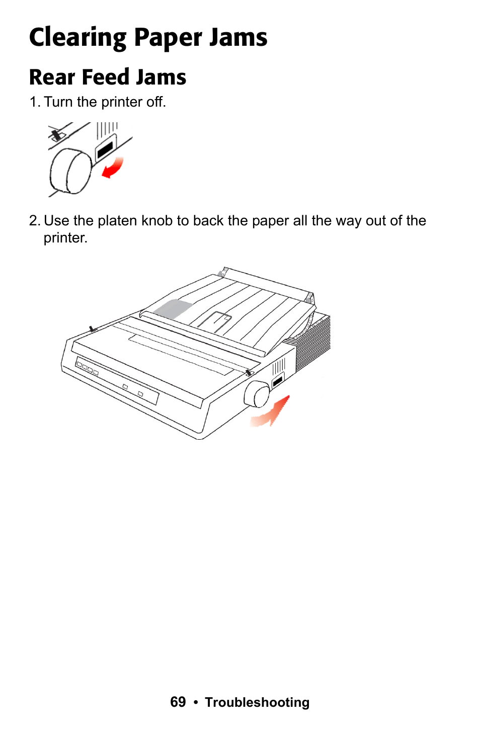 Clearing paper jams, Rear feed jams | Epson 188 User Manual | Page 69 / 86