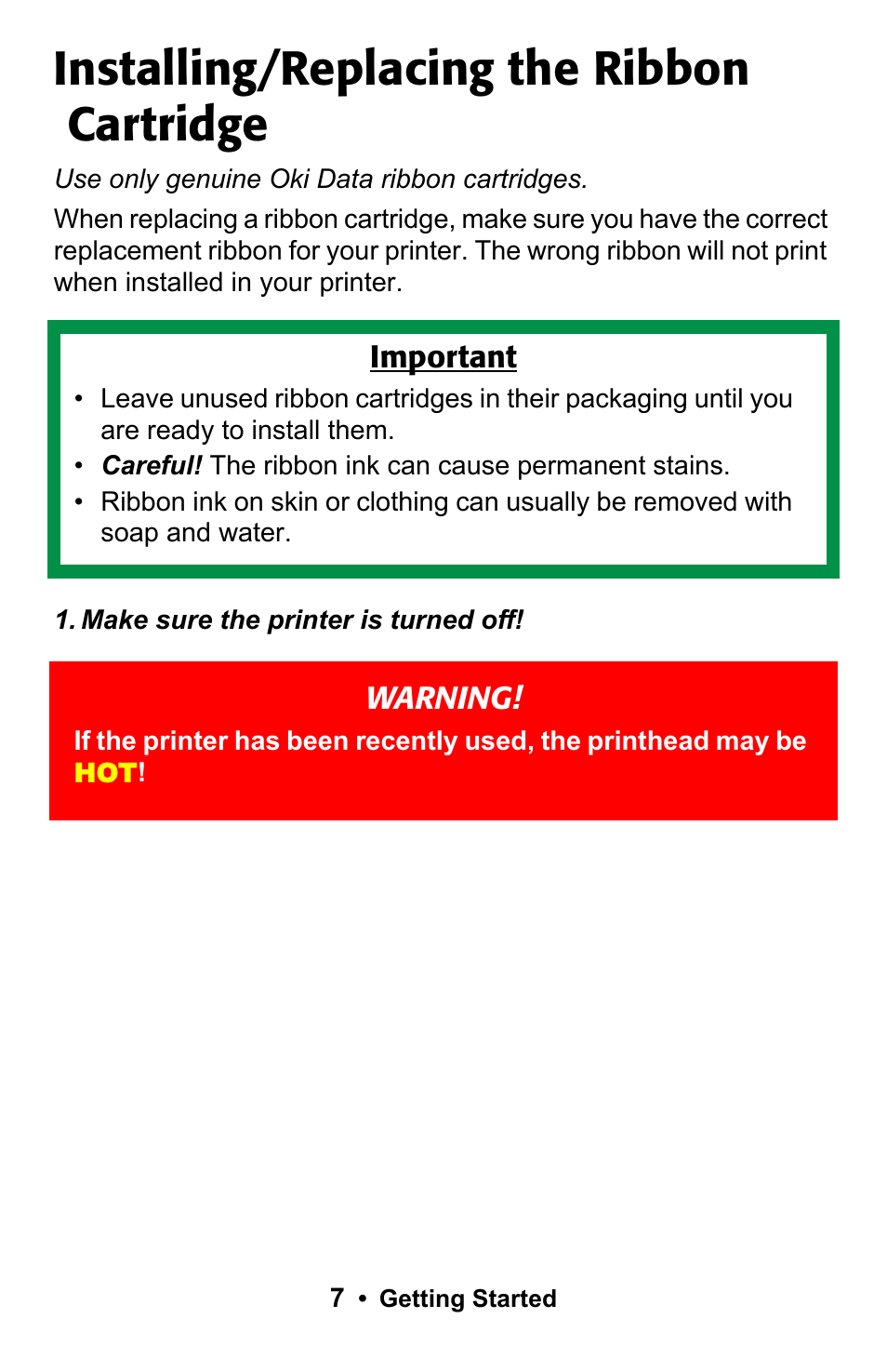 Installing/replacing the ribbon cartridge | Epson 188 User Manual | Page 7 / 86