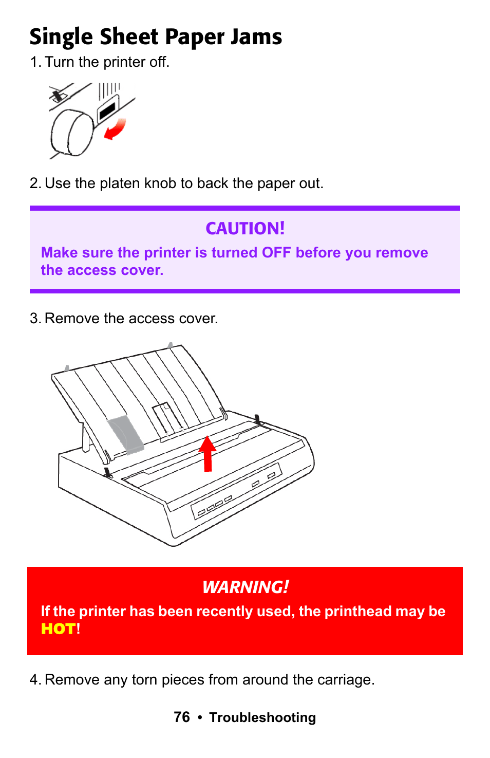 Single sheet paper jams | Epson 188 User Manual | Page 76 / 86