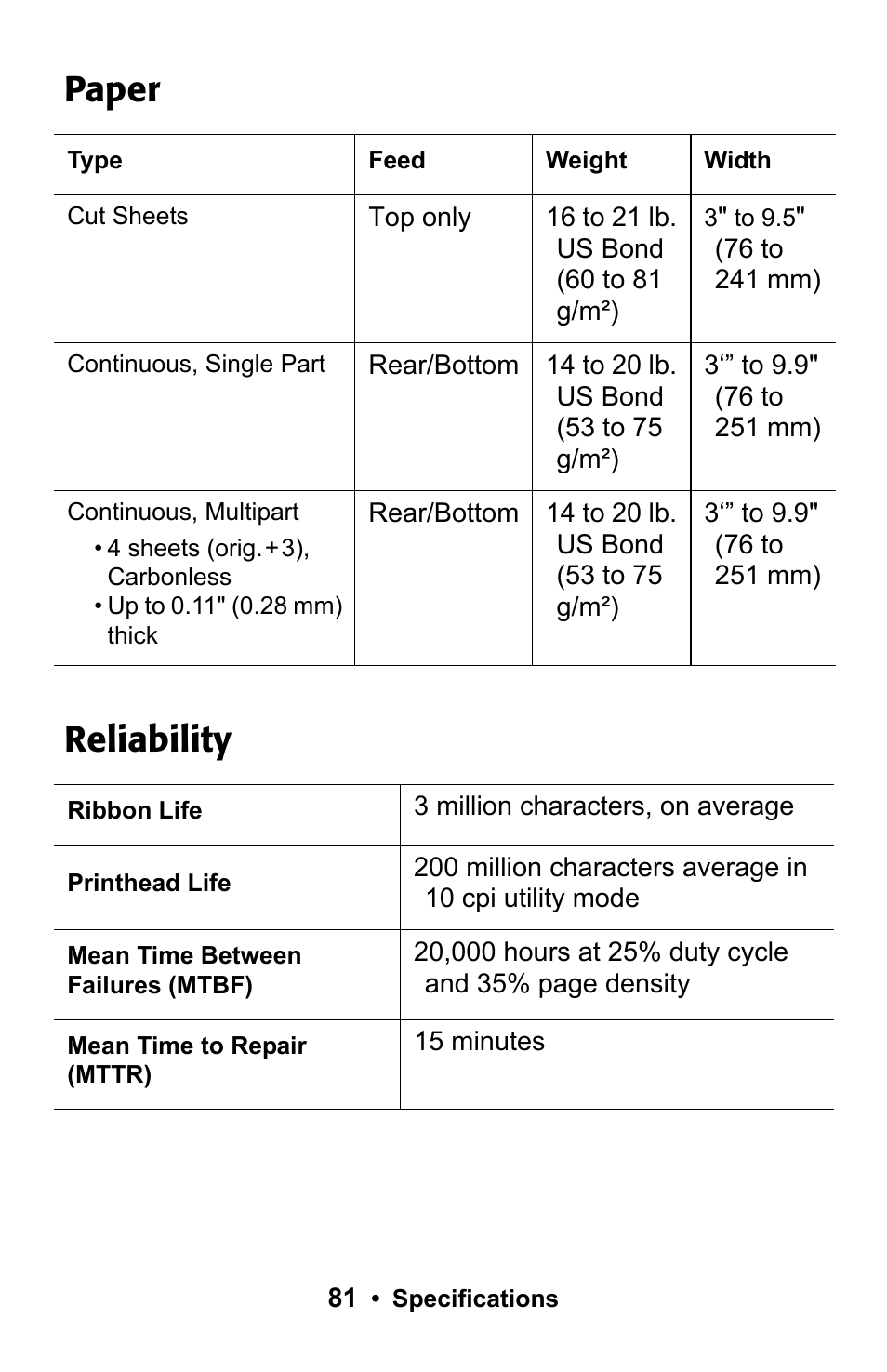 Paper, Reliability | Epson 188 User Manual | Page 81 / 86