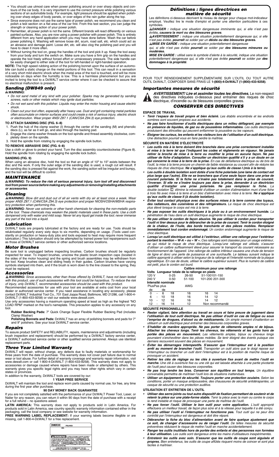 Sanding (dw849 only), Maintenance, Cleaning | Lubrication, Motor brushes, Accessories, Repairs, Three year limited warranty, Importantes mesures de sécurité, Conserver ces directives | Epson DW847 User Manual | Page 3 / 7