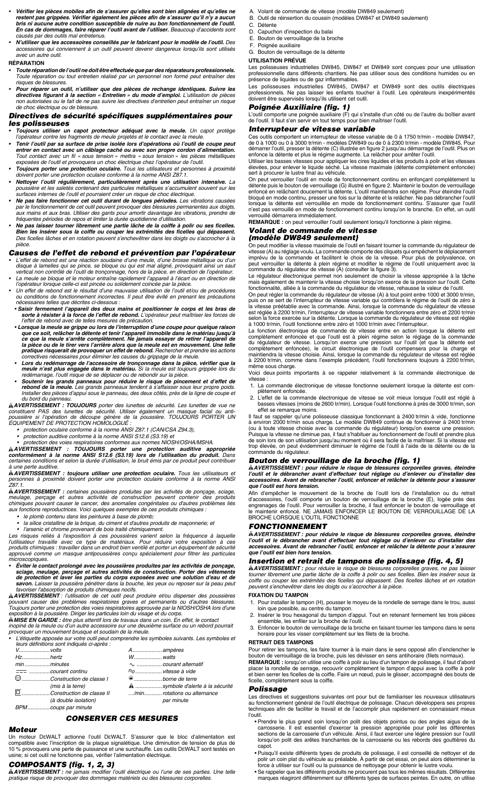 Conserver ces mesures moteur, Composants (fig. 1, 2, 3), Poignée auxiliaire (fig. 1) | Interrupteur de vitesse variable, Bouton de verrouillage de la broche (fig. 1), Fonctionnement, Polissage | Epson DW847 User Manual | Page 4 / 7