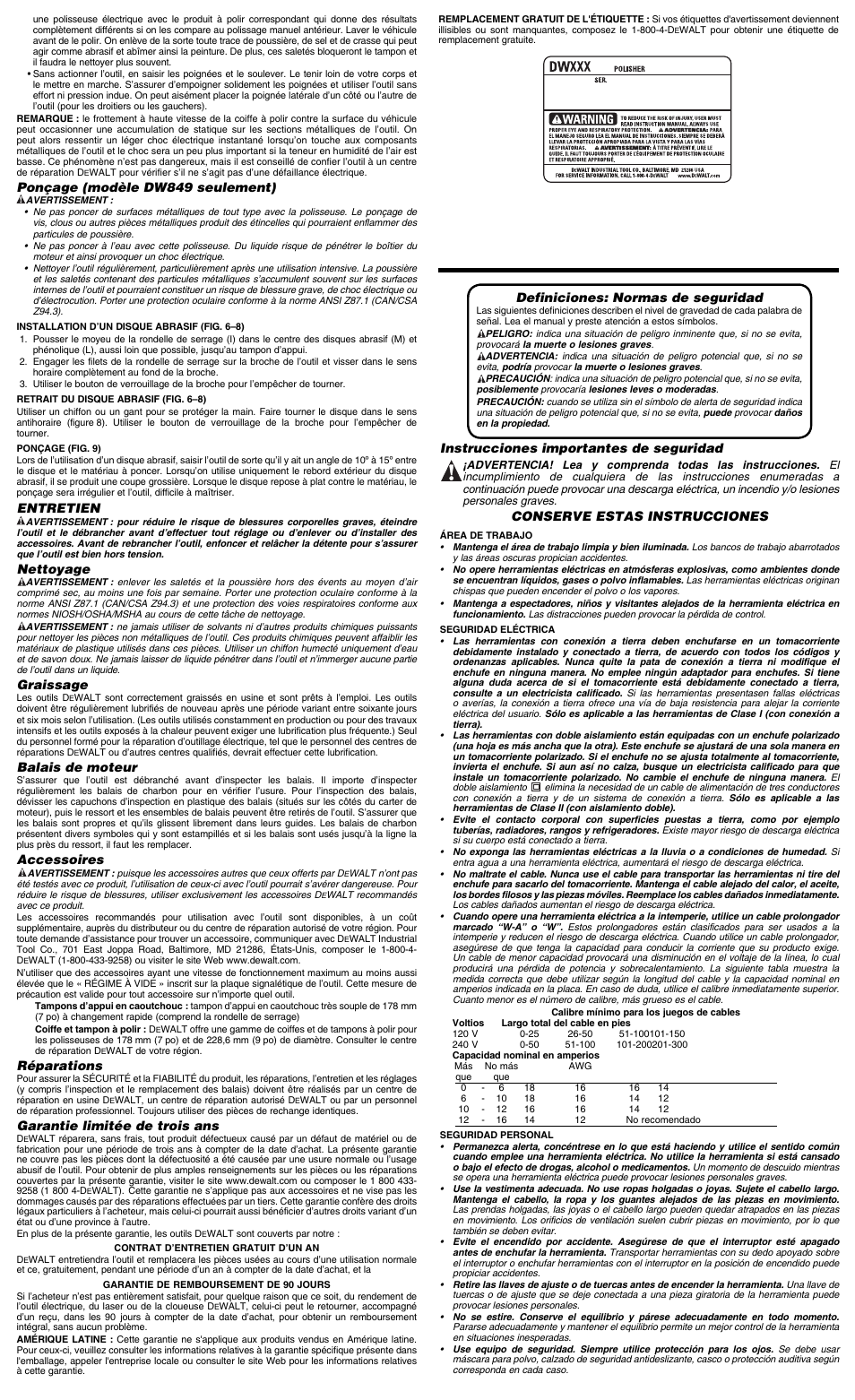 Ponçage (modèle dw849 seulement), Entretien, Nettoyage | Graissage, Balais de moteur, Accessoires, Réparations, Garantie limitée de trois ans, Definiciones: normas de seguridad, Instrucciones importantes de seguridad | Epson DW847 User Manual | Page 5 / 7