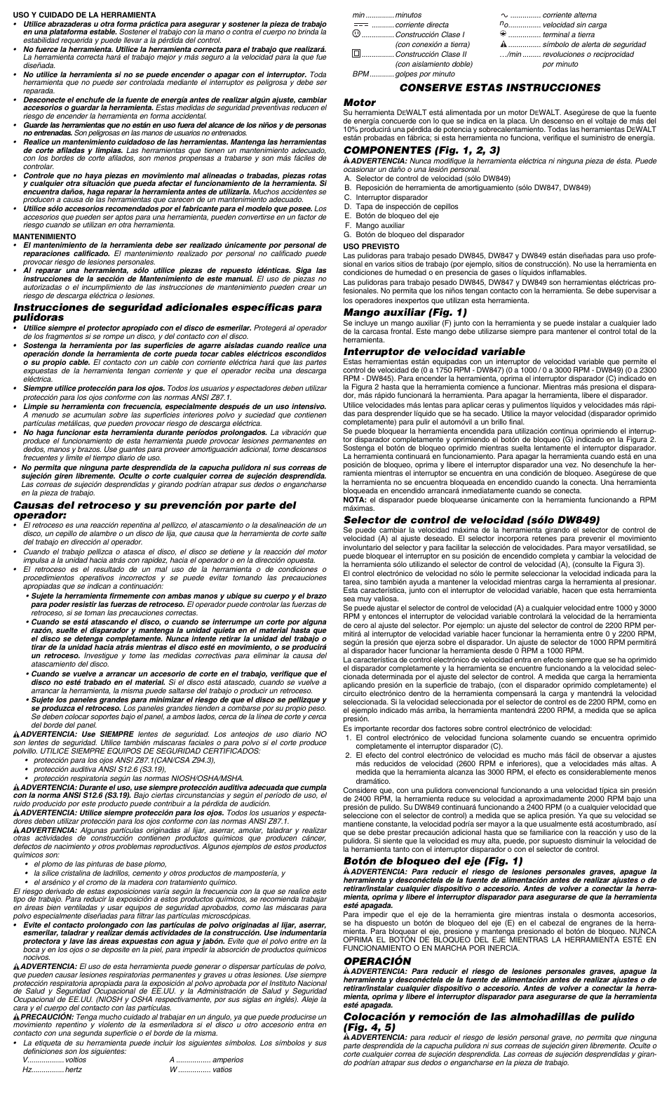 Conserve estas instrucciones motor, Componentes (fig. 1, 2, 3), Mango auxiliar (fig. 1) | Interruptor de velocidad variable, Selector de control de velocidad (sólo dw849), Botón de bloqueo del eje (fig. 1), Operación | Epson DW847 User Manual | Page 6 / 7