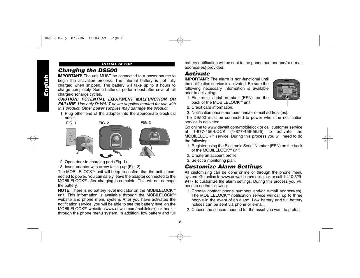 English, Charging the ds500, Activate | Customize alarm settings | Epson DS500 User Manual | Page 10 / 40