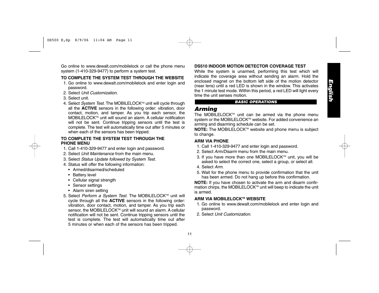 English, Arming | Epson DS500 User Manual | Page 13 / 40