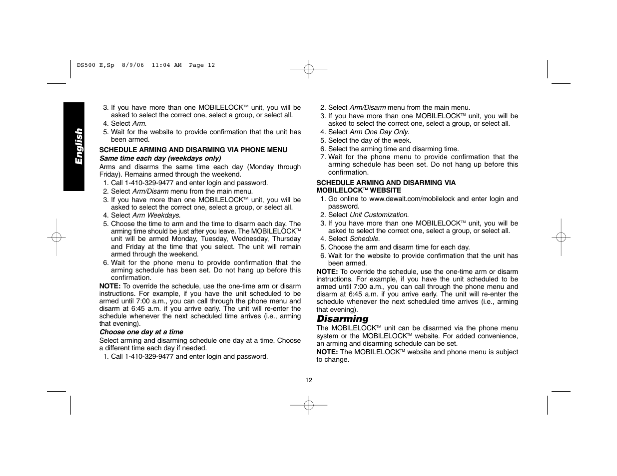 English, Disarming | Epson DS500 User Manual | Page 14 / 40