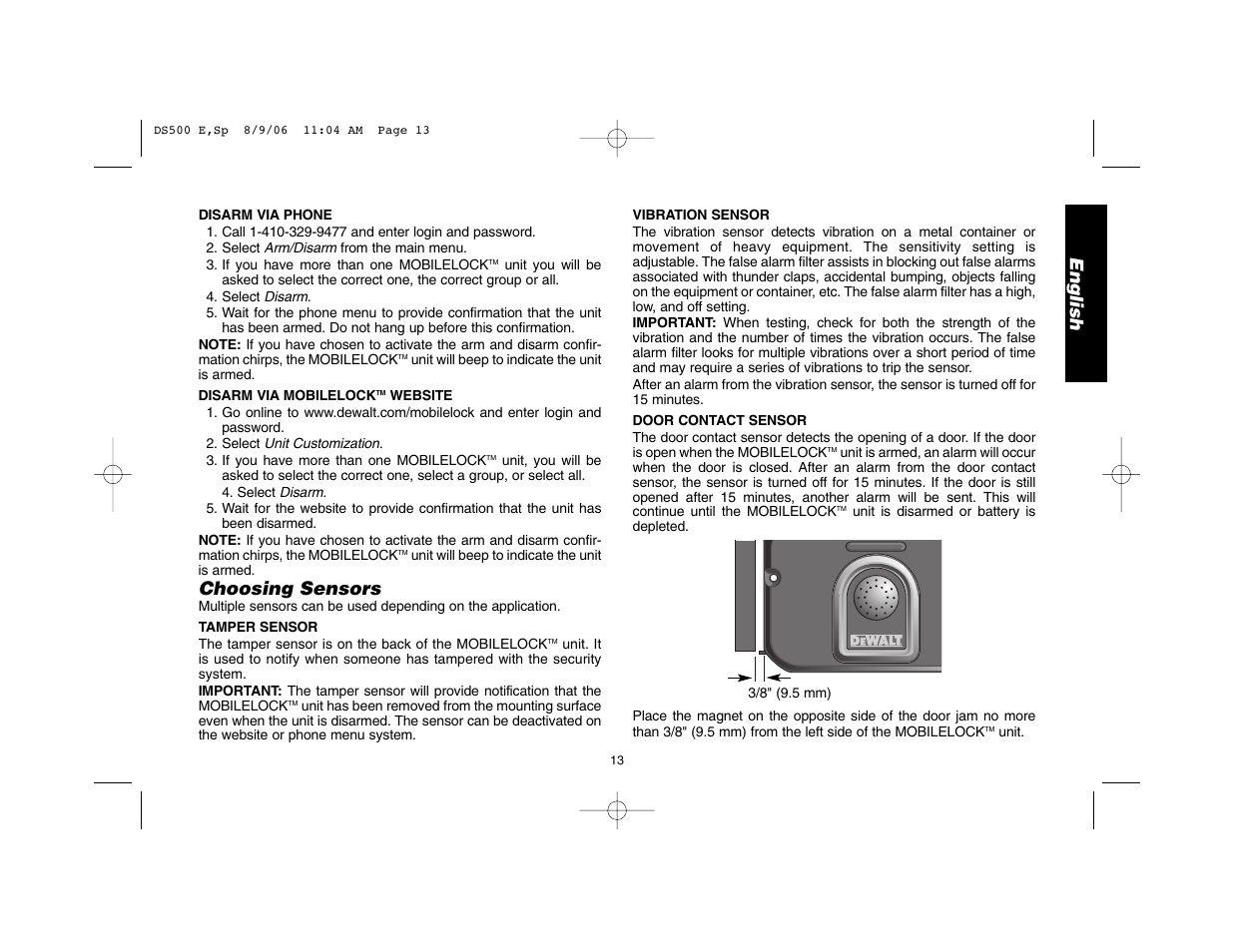 English, Choosing sensors | Epson DS500 User Manual | Page 15 / 40