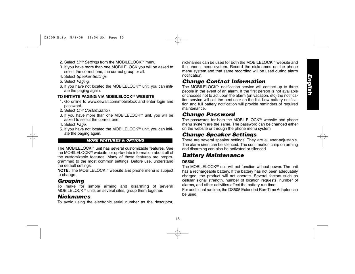 English, Grouping, Nicknames | Change contact information, Change password, Change speaker settings, Battery maintenance | Epson DS500 User Manual | Page 17 / 40