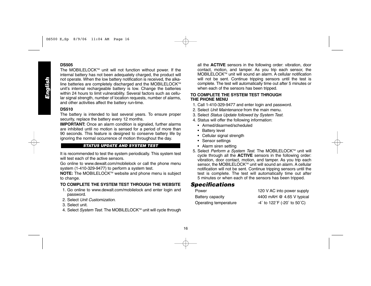 English, Specifications | Epson DS500 User Manual | Page 18 / 40