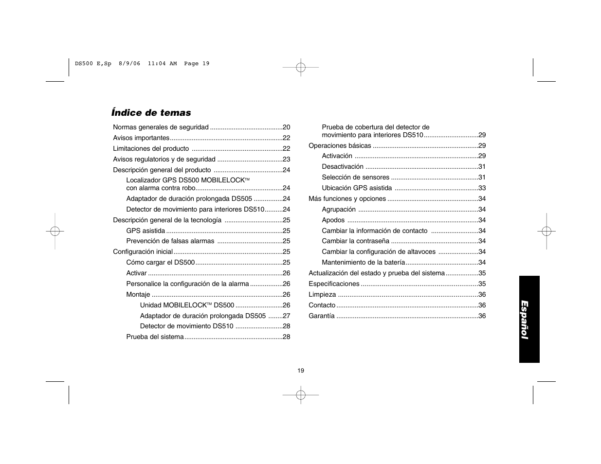 Español, Índice de temas | Epson DS500 User Manual | Page 21 / 40