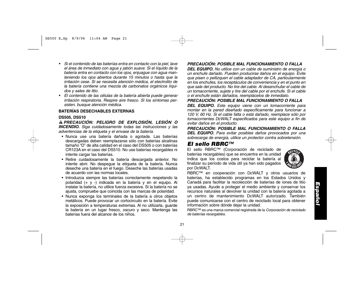 Español, El sello rbrc | Epson DS500 User Manual | Page 23 / 40