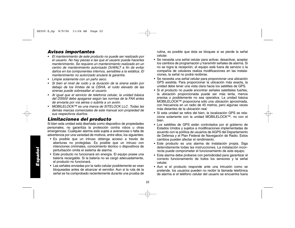 Español, Avisos importantes, Limitaciones del producto | Epson DS500 User Manual | Page 24 / 40