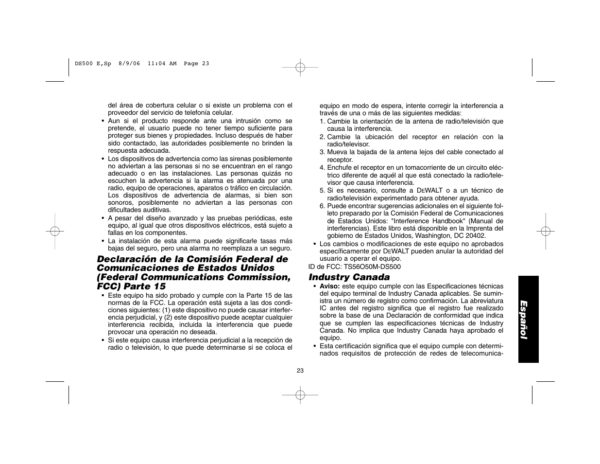 Español, Industry canada | Epson DS500 User Manual | Page 25 / 40