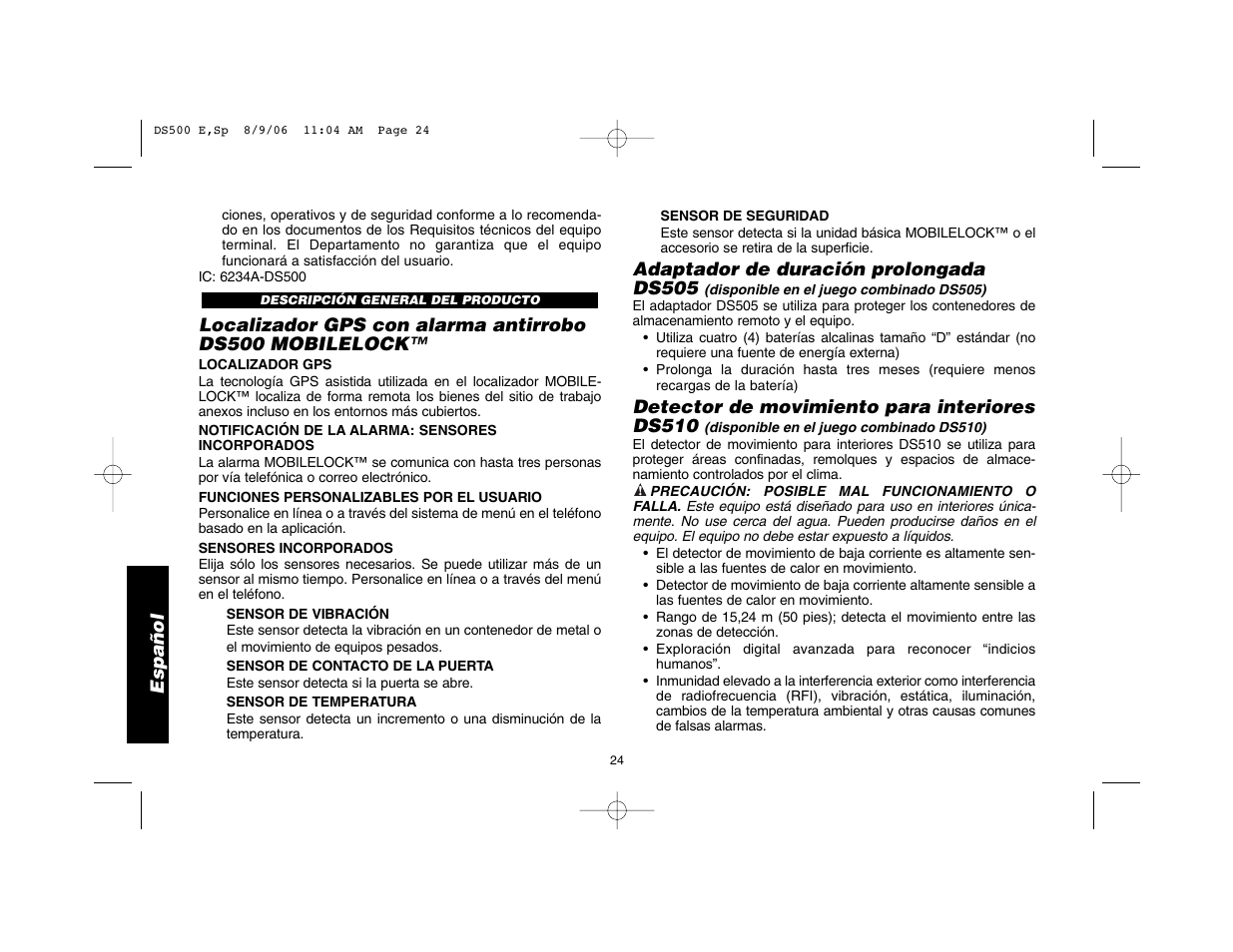 Español, Adaptador de duración prolongada ds505, Detector de movimiento para interiores ds510 | Epson DS500 User Manual | Page 26 / 40