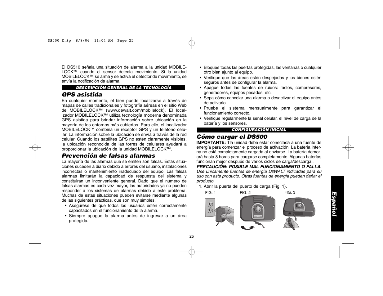 Español, Gps asistida, Prevención de falsas alarmas | Cómo cargar el ds500 | Epson DS500 User Manual | Page 27 / 40