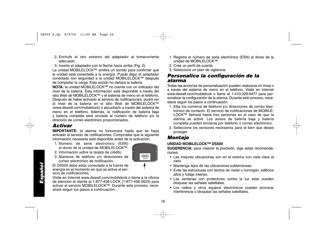 Español, Activar, Personalice la configuración de la alarma | Montaje | Epson DS500 User Manual | Page 28 / 40