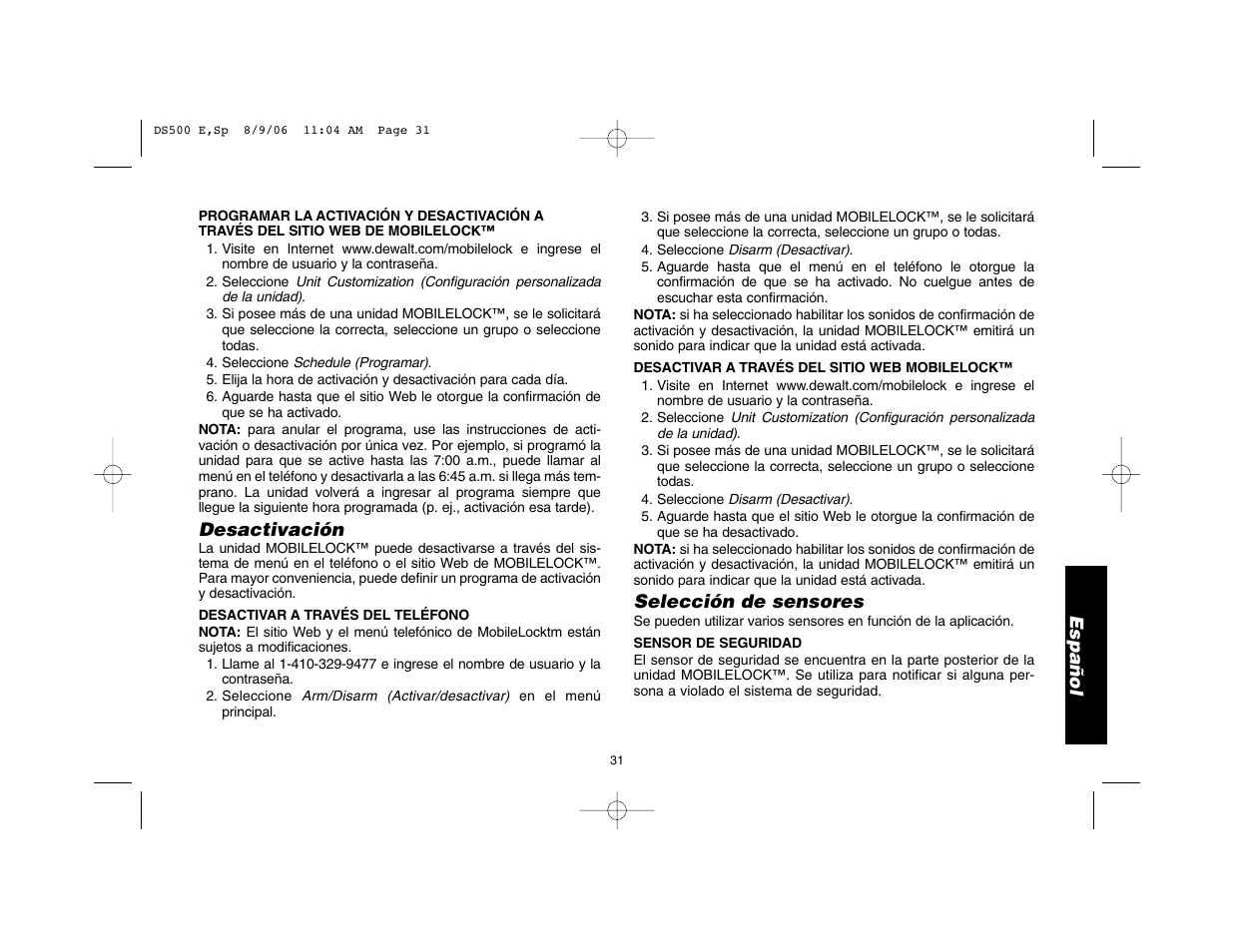 Español, Desactivación, Selección de sensores | Epson DS500 User Manual | Page 33 / 40