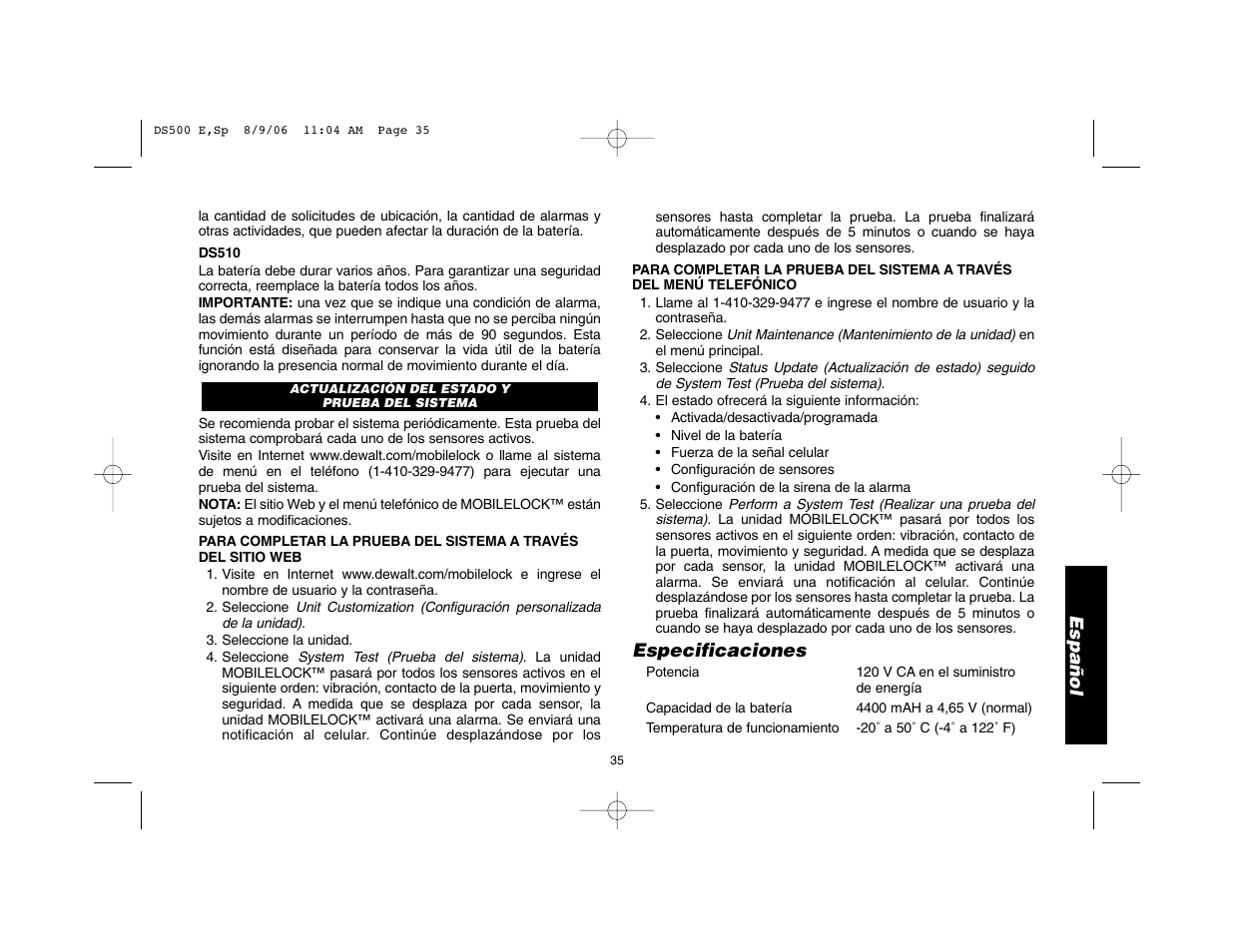 Español, Especificaciones | Epson DS500 User Manual | Page 37 / 40