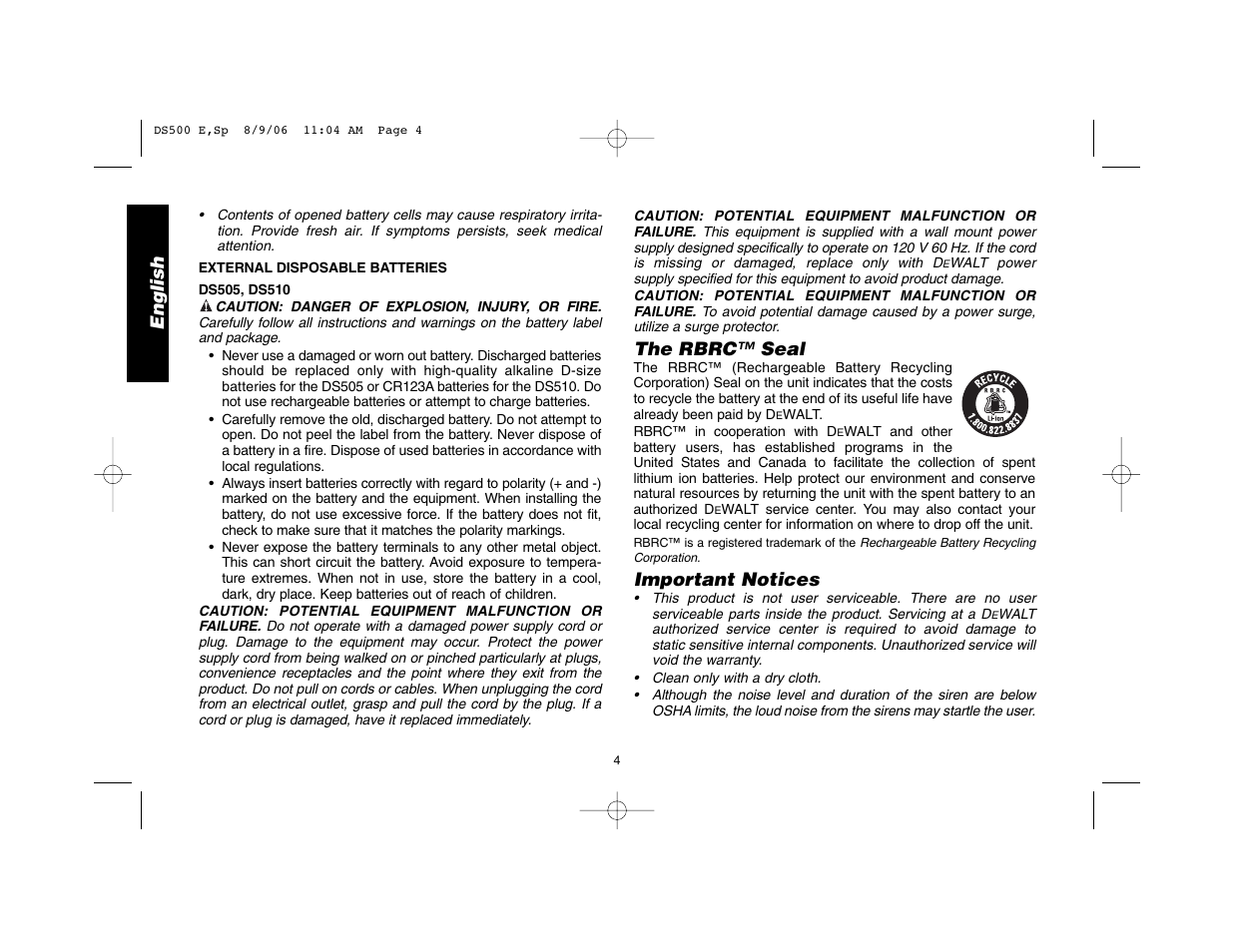 English, The rbrc™ seal, Important notices | Epson DS500 User Manual | Page 6 / 40