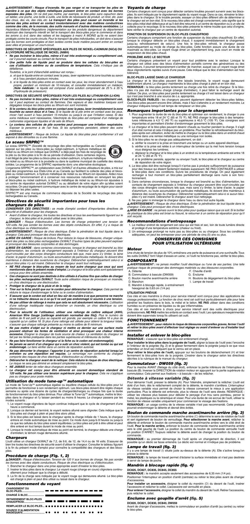 Voyants de charge, Remarques importantes pour le chargement, Recommandations d’entreposage | Composants, Fonctionnement, Installer et enlever le bloc-piles, Commutateur - dw059 (fi g. 3), Détente à vitesse variable (fi g. 3), Lampe de travail (fi g. 3), Mandrin à blocage rapide (fi g. 4) | Epson DC830 User Manual | Page 4 / 7