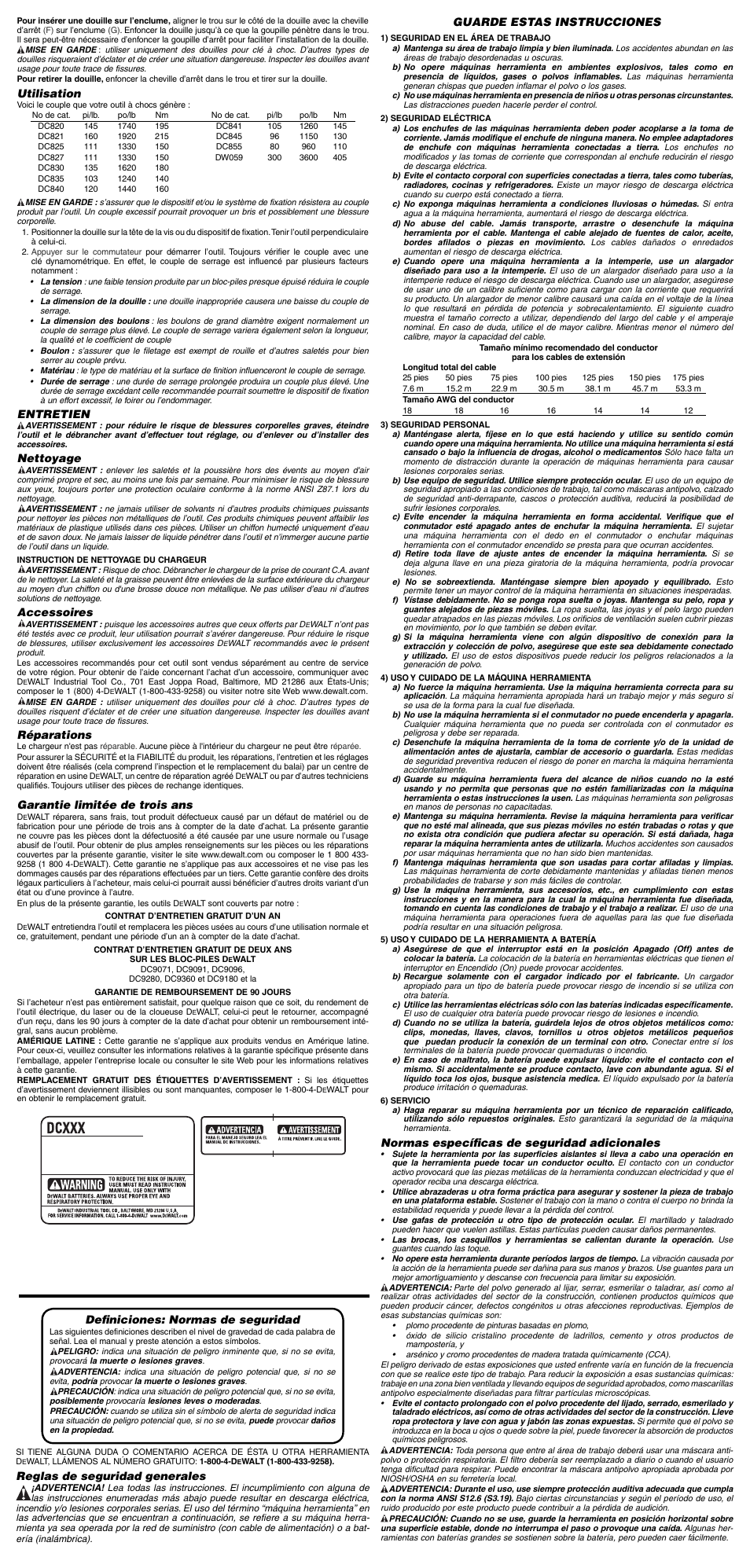 Utilisation, Entretien, Nettoyage | Accessoires, Réparations, Garantie limitée de trois ans, Defi niciones: normas de seguridad, Reglas de seguridad generales, Guarde estas instrucciones, Normas específi cas de seguridad adicionales | Epson DC830 User Manual | Page 5 / 7