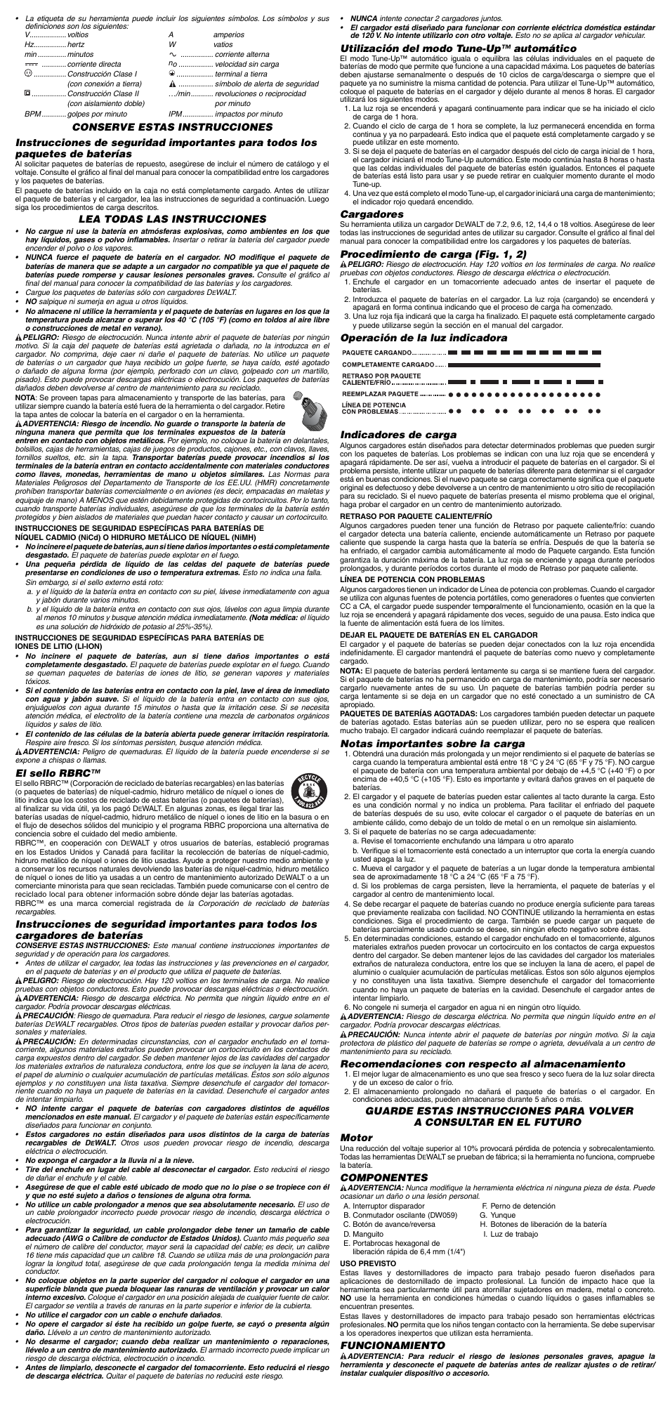 Lea todas las instrucciones, El sello rbrc, Utilización del modo tune-up™ automático | Cargadores, Procedimiento de carga (fig. 1, 2), Notas importantes sobre la carga, Recomendaciones con respecto al almacenamiento, Componentes, Funcionamiento | Epson DC830 User Manual | Page 6 / 7