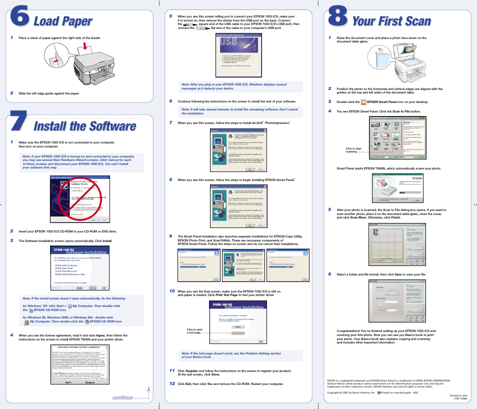Load paper, Install the software, Your first scan | Epson 1000 ICS User Manual | Page 2 / 2