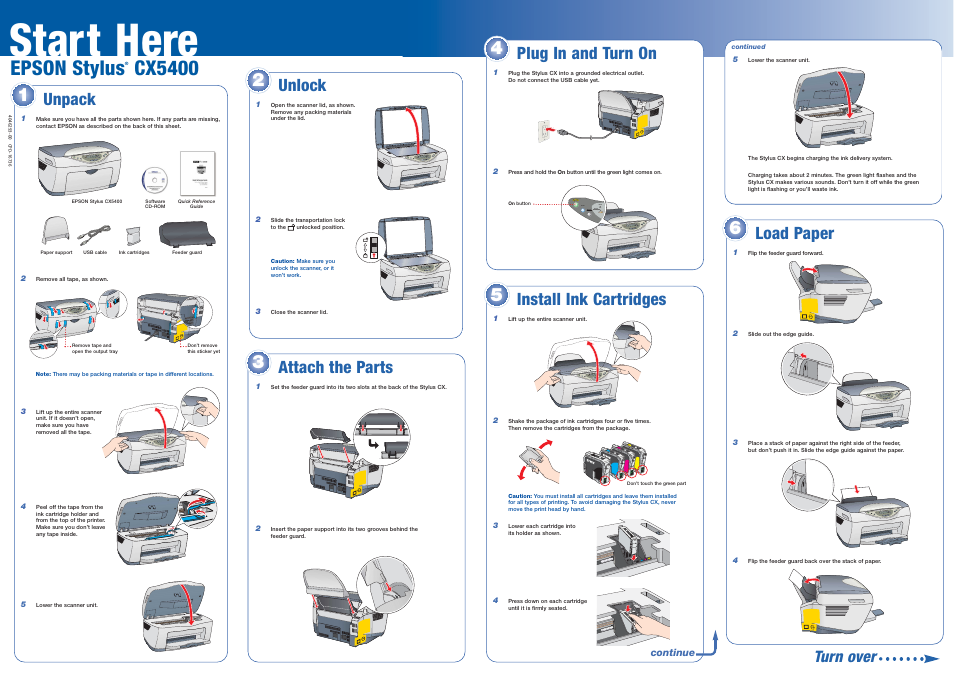 Unlock, Attach the parts, Start here | Epson stylus, Cx5400, Install ink cartridges, Unpack unlock, Plug in and turn on, Load paper, Turn over | Epson Stylus CX5400 User Manual | Page 2 / 8