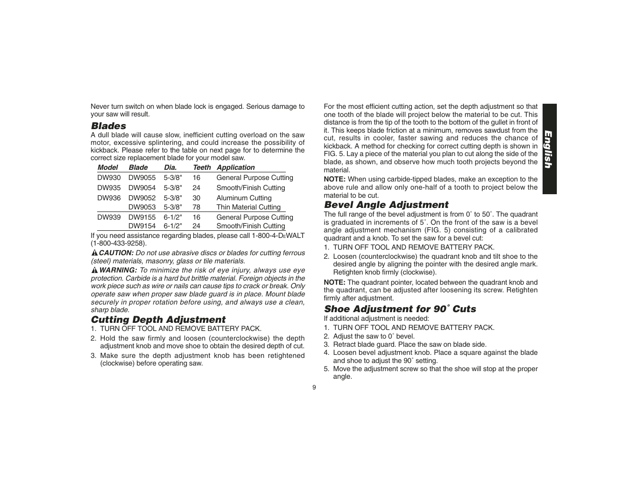 English, Blades, Cutting depth adjustment | Bevel angle adjustment, Shoe adjustment for 90˚ cuts | Epson DW935 User Manual | Page 11 / 46