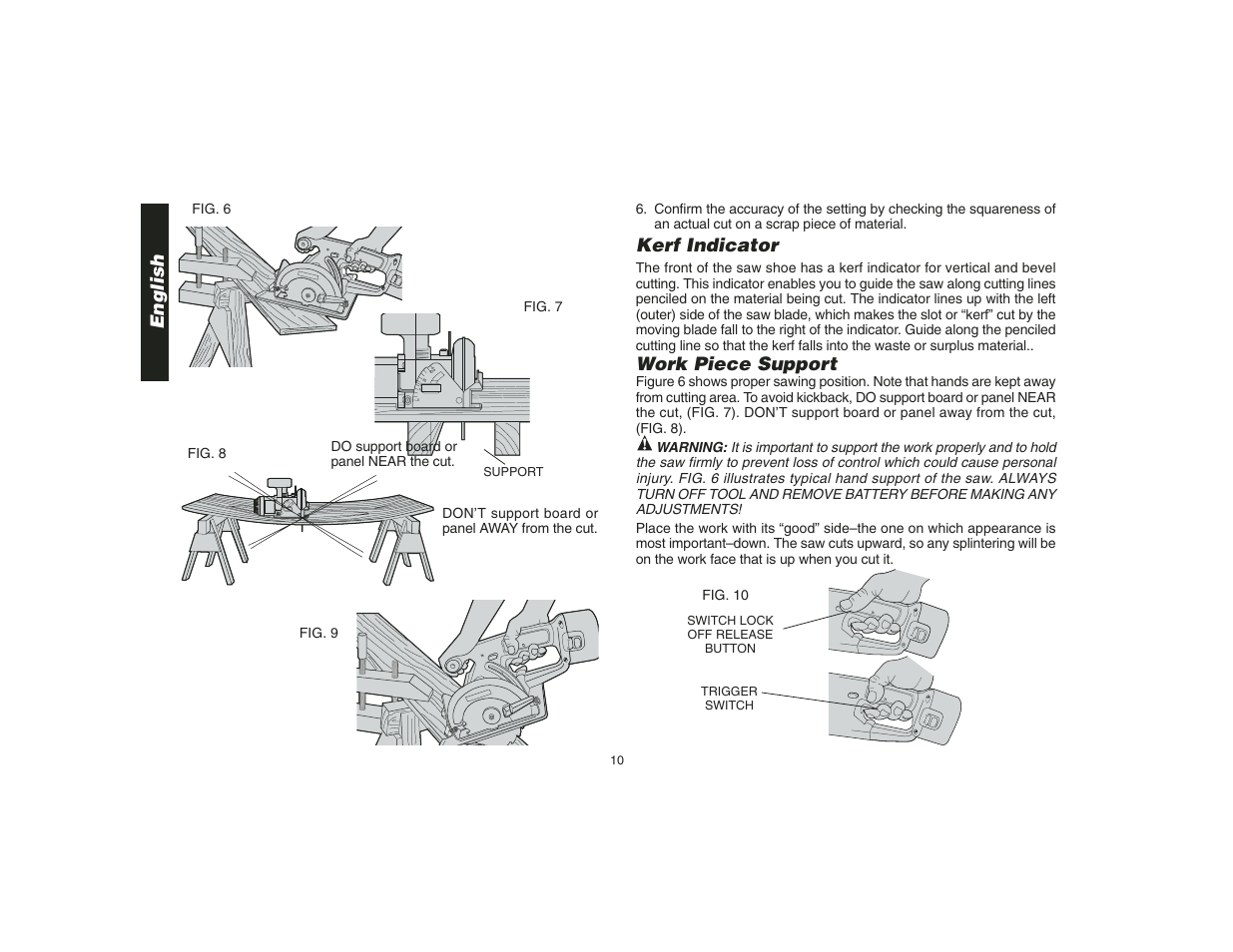 English, Kerf indicator, Work piece support | Epson DW935 User Manual | Page 12 / 46