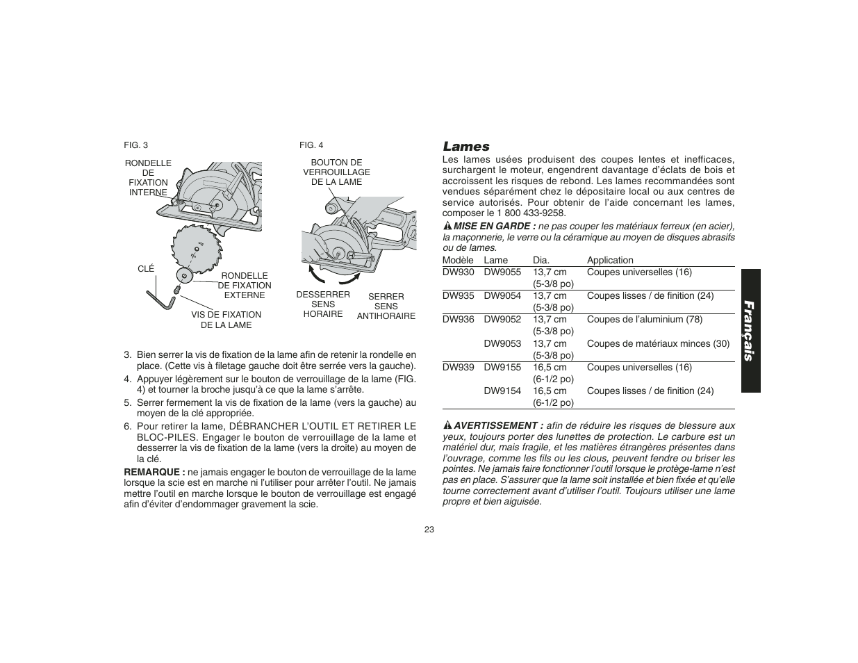 Français, Lames | Epson DW935 User Manual | Page 25 / 46