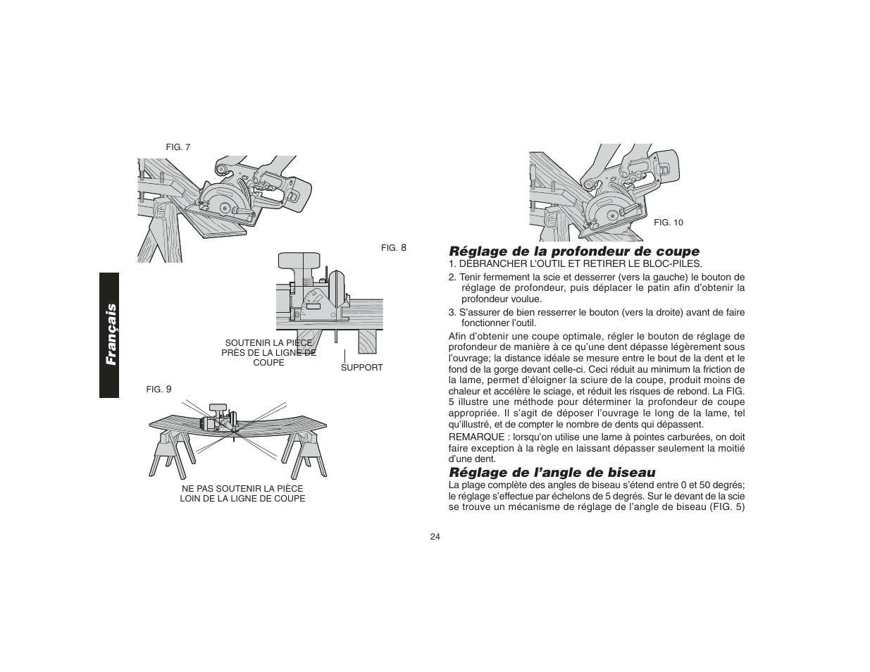 Français réglage de la profondeur de coupe, Réglage de l’angle de biseau | Epson DW935 User Manual | Page 26 / 46